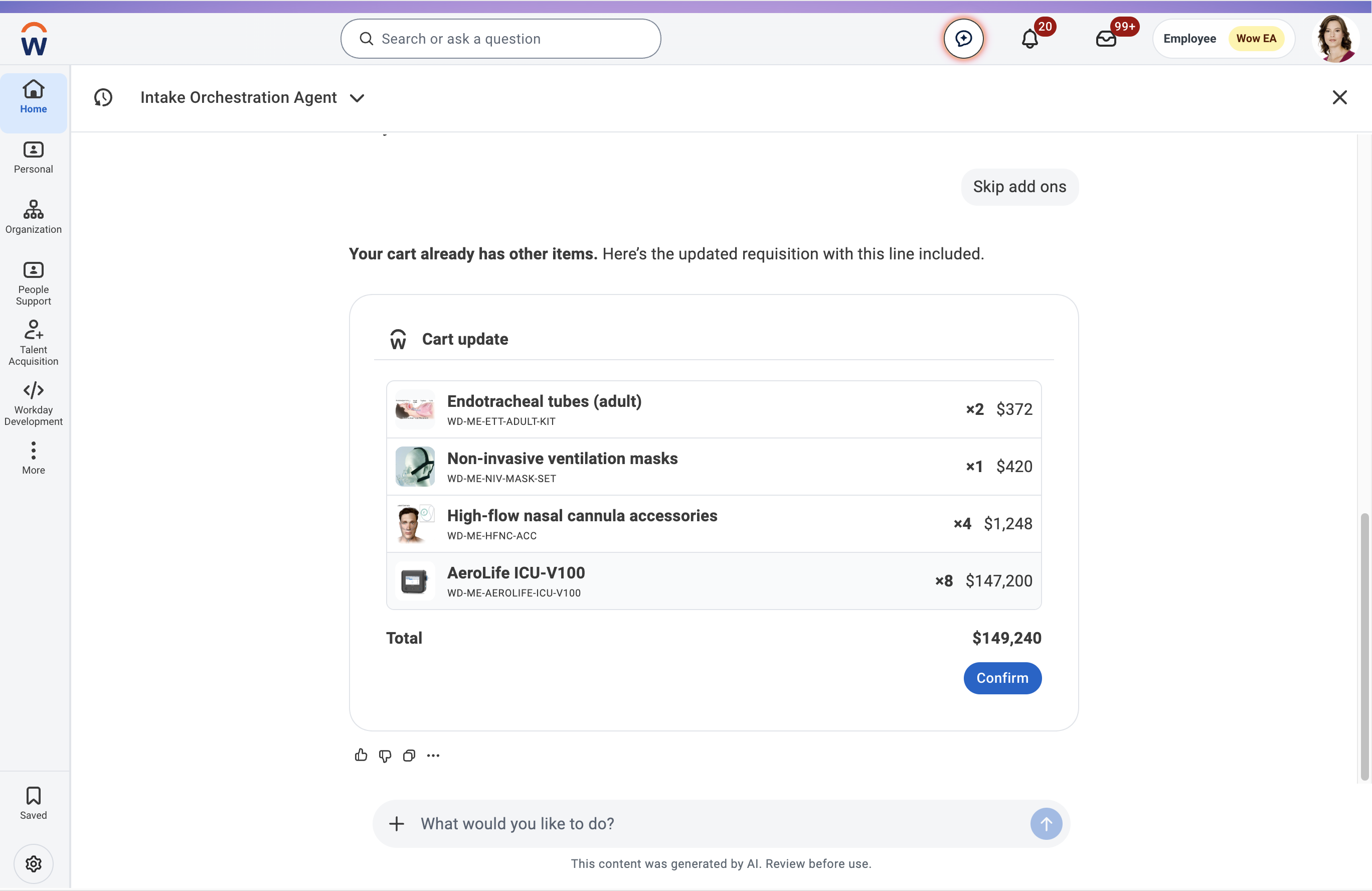 Cart update in the agent thread: requisition lines with quantities and prices, and a Confirm button